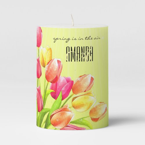 Watercolor Tulips Bouquet Monogram Pillar Candle