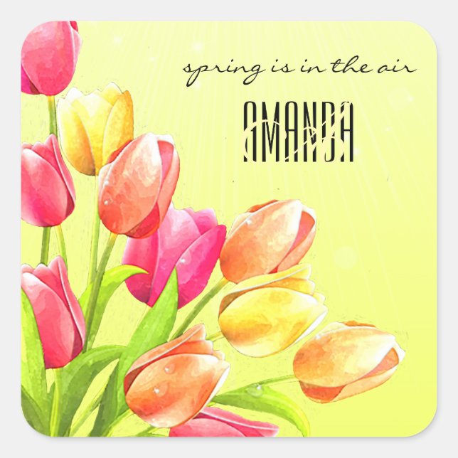 Watercolor Tulips Bouquet Monogram Square Sticker (Front)