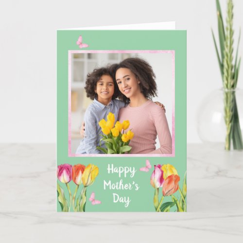 Watercolor Tulips Butterflies Photo Mothers Day Holiday Card