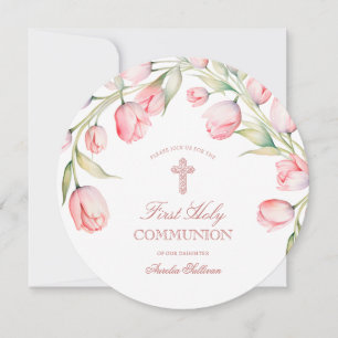 Watercolor Tulips First Communion Round Invitation