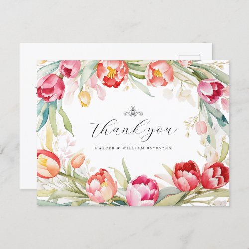 watercolor tulips frame wedding thank you postcard
