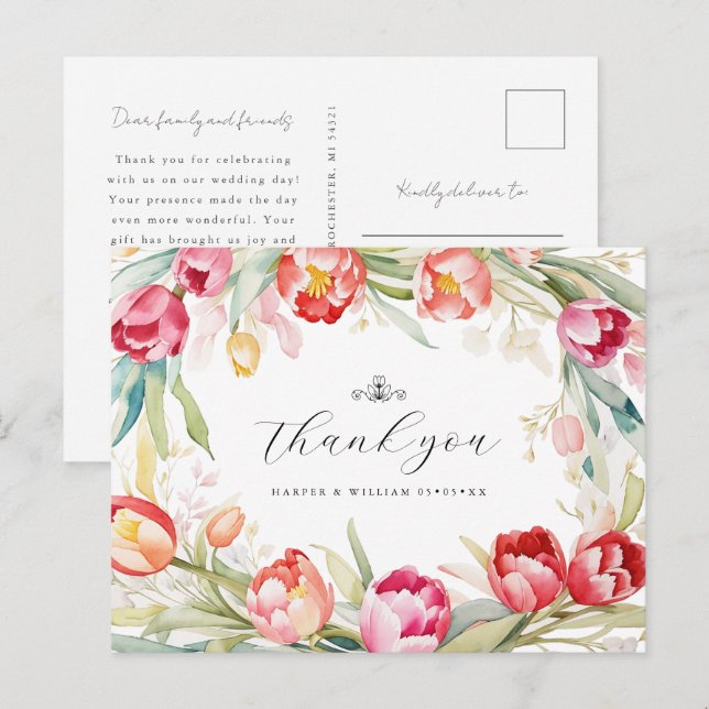 watercolor tulips frame wedding thank you postcard (Front/Back)