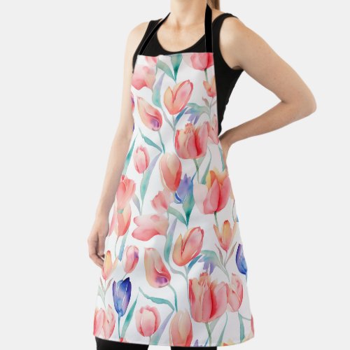 Watercolor Tulips Pattern All_Over Print Apron