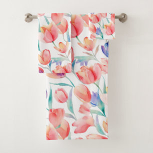 Watercolor Tulips Pattern Bathroom Towel Set