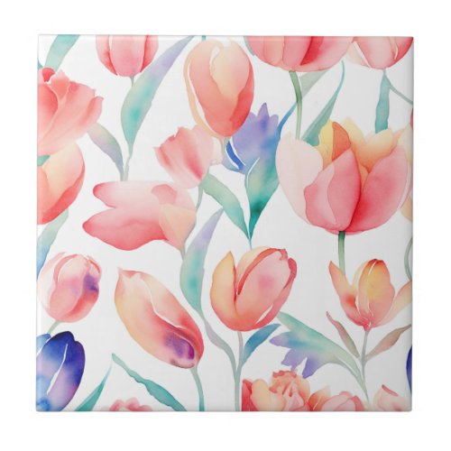 Watercolor Tulips Pattern Ceramic Tile