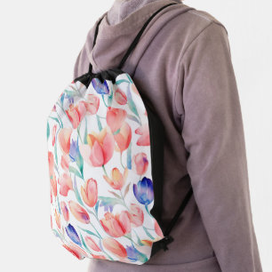 Watercolor Tulips Pattern Drawstring Backpack