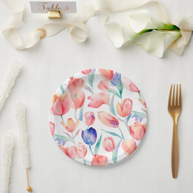 Watercolor Tulips Pattern Paper Plates