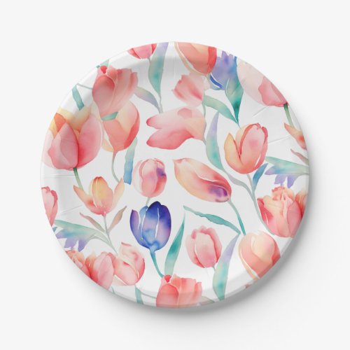 Watercolor Tulips Pattern Paper Plates