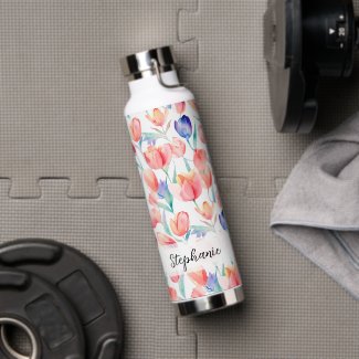 Watercolor Tulips Pattern Personal Water Bottle