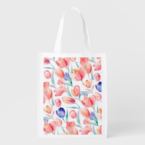 Watercolor Tulips Pattern Reusable Grocery Bag