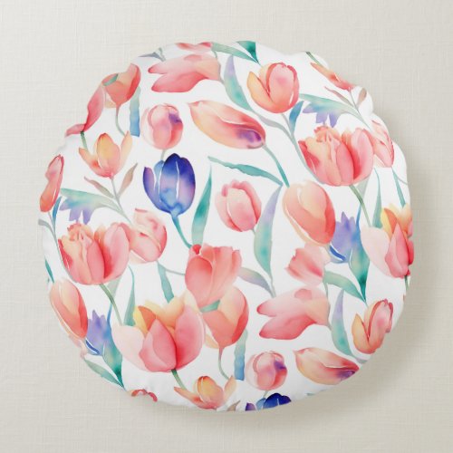 Watercolor Tulips Pattern Round Pillow