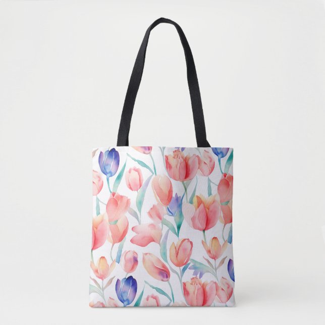 Watercolor Tulips Pattern Shoulder Tote (Front)