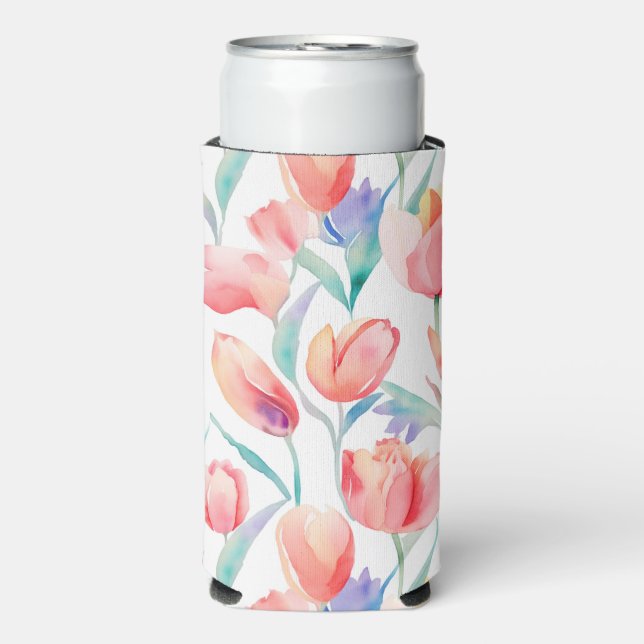Watercolor Tulips Pattern Slim Can Cooler (Seltzer Front)