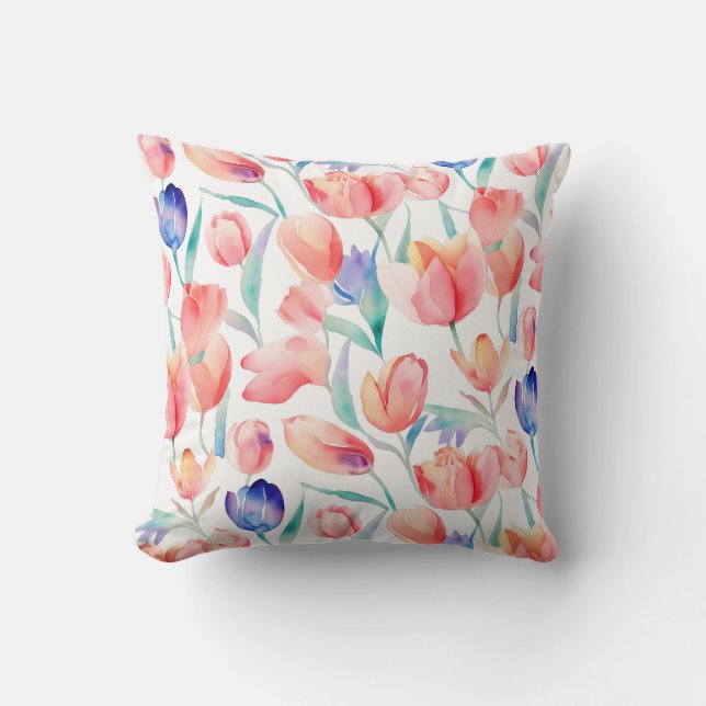 Watercolor Tulips Pattern Square Throw Pillow (Front)