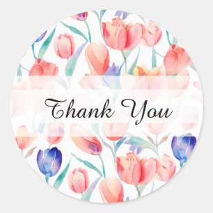 Watercolor Tulips Pattern Thank You Round Stickers