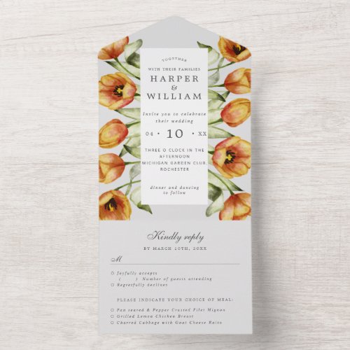 watercolor tulips rsvp attached wedding  all in one invitation