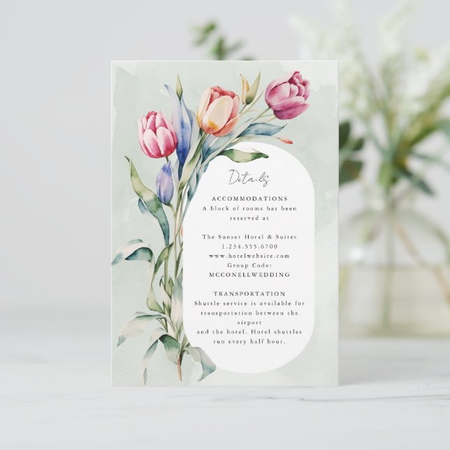 Watercolor tulips spring wedding details RSVP card (Standing Front)