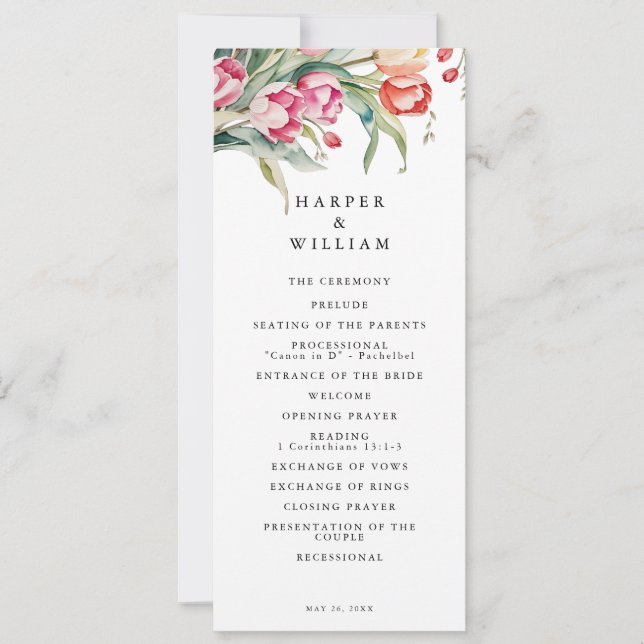 Watercolor tulips spring wedding program (Front)