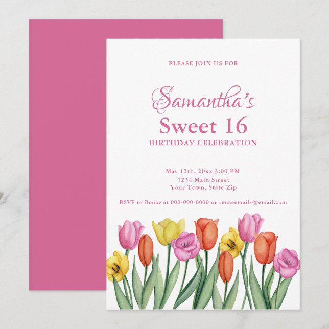 Watercolor Tulips Sweet 16 Birthday  Invitation (Front/Back)