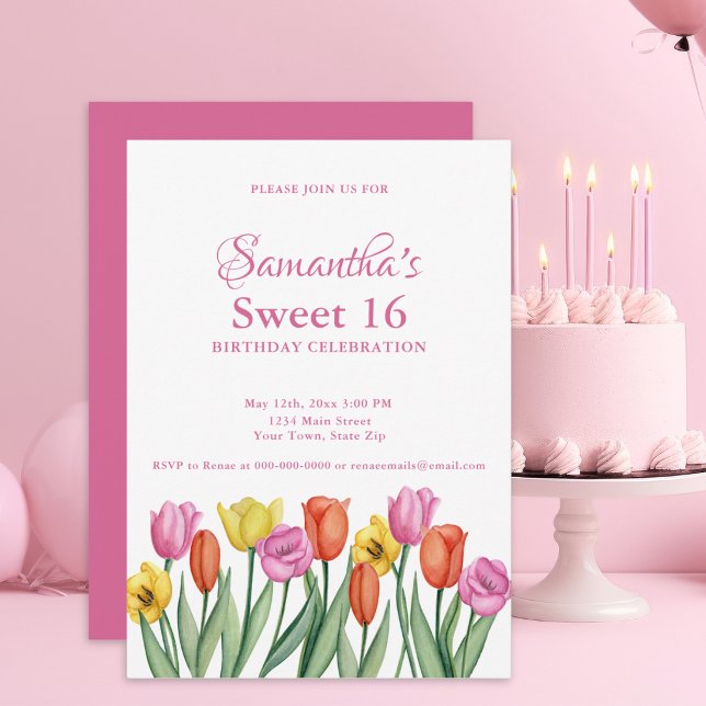 Watercolor Tulips Sweet 16 Birthday  Invitation (Creator Uploaded)