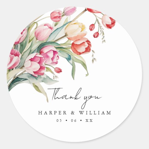 watercolor tulips wedding thank you classic round sticker