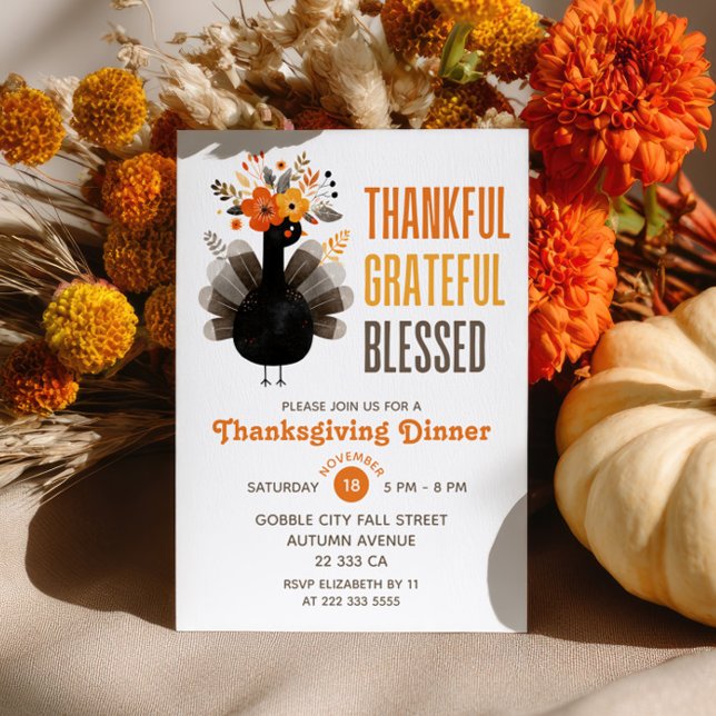 Watercolor Turkey Fall Floral Thanksgiving Dinner  Invitation (Creator Uploaded)
