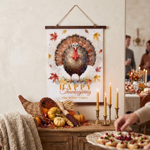 Watercolor Turkey Fall Leaves Family Thanksgiving Hanging Tapestry
