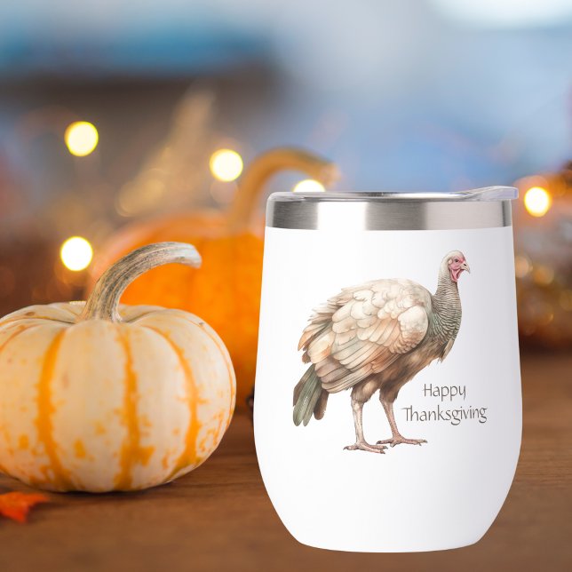 Watercolor Turkey Happy Thanksgiving Thermal Wine Tumbler (Creator Uploaded)