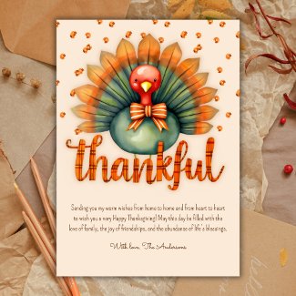 Watercolor Turkey Plaid Thankful Thanksgiving 