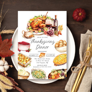 Watercolor Turkey & Sides Thanksgiving Invitation