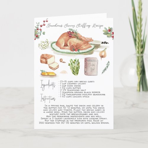 Watercolor Turkey Stuffing Recipe  Thanksgiving Holiday Card