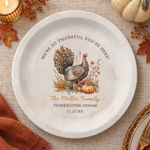 Watercolor Turkey Thanksgiving Dinner Family Name Paper Plates