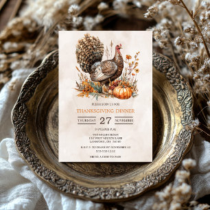 Watercolor Turkey Thanksgiving Dinner  Invitation