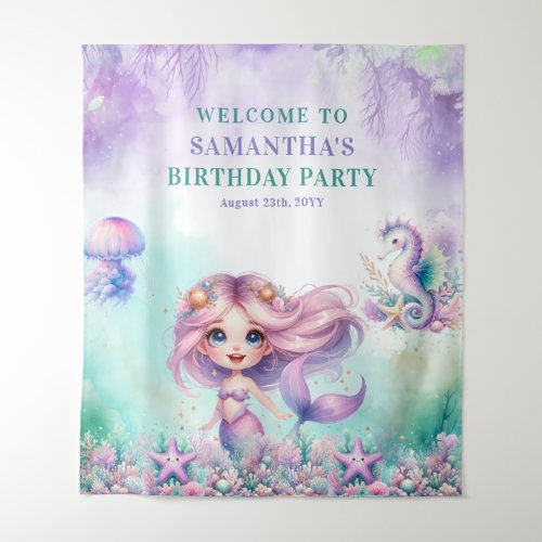 Watercolor turquoise and purple mermaid birthday tapestry
