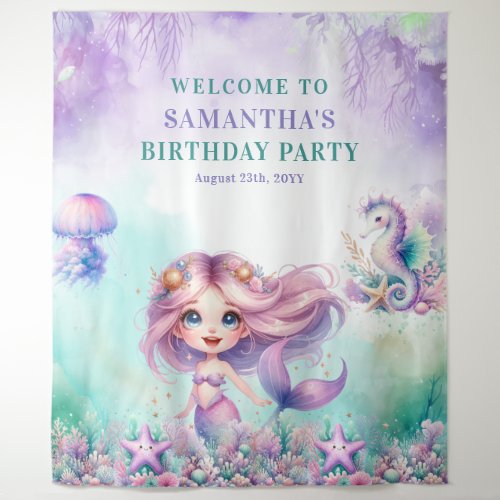 Watercolor turquoise and purple mermaid birthday tapestry