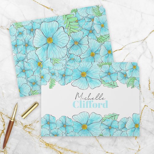 Watercolor Turquoise Blue Flowers and Greenery File Folder