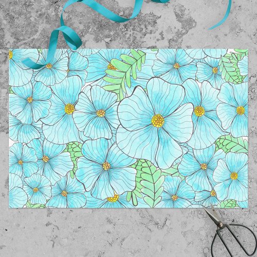 Watercolor Turquoise Blue Flowers and Greenery Tissue Paper