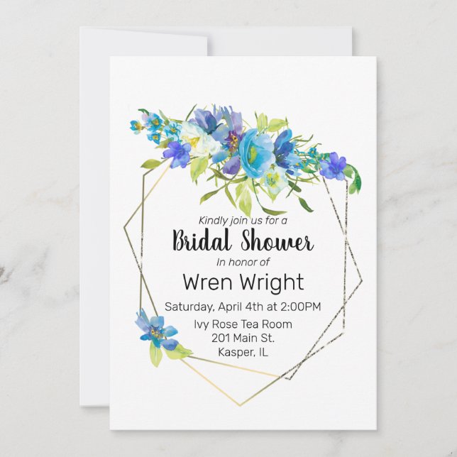 Watercolor Turquoise Blue Purple Floral Gold Frame Invitation (Front)