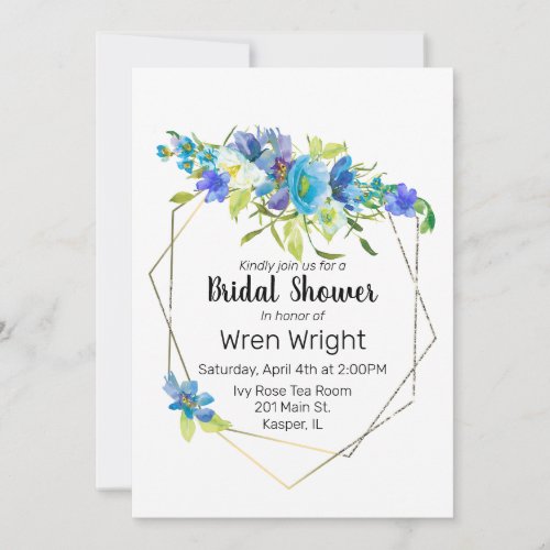 Watercolor Turquoise Blue Purple Floral Gold Frame Invitation