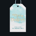 Watercolor Turquoise Blue Water Christmas Gold Gift Tags<br><div class="desc">Lovely modern watercolor blue aqua turquoise water beach colors with faux glitter Merry Christmas in script letters. Personalize them by adding family name. Perfect for envelopes,  cards,  invitations,  gifts,  favors... .</div>