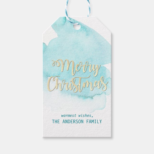 Watercolor Turquoise Blue Water Christmas Gold Gift Tags (Front)