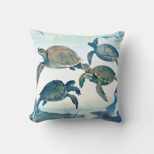 Watercolor turquoise coastal Sea turtle Ocean blue Throw Pillow