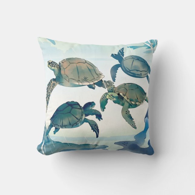 Watercolor turquoise coastal Sea turtle Ocean blue Throw Pillow (Front)