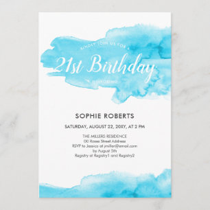 Watercolor Turquoise Color Splash 21st Birthday Invitation