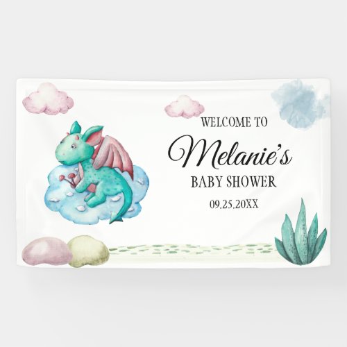 WATERCOLOR TURQUOISE DRAGON ON A CLOUD BABY SHOWER BANNER