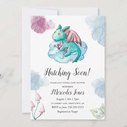 Watercolor Turquoise Dragon on Pastel Blue Cloud  Invitation