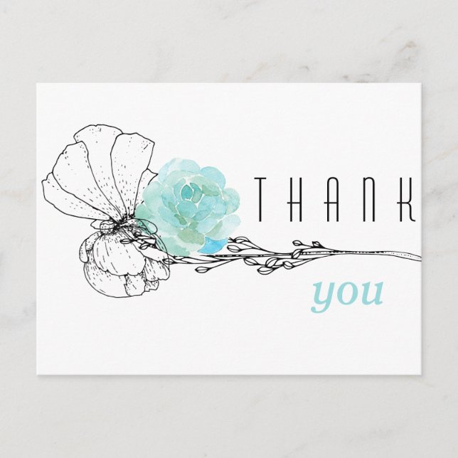 Watercolor Turquoise Floral Funeral Thank You Postcard (Front)