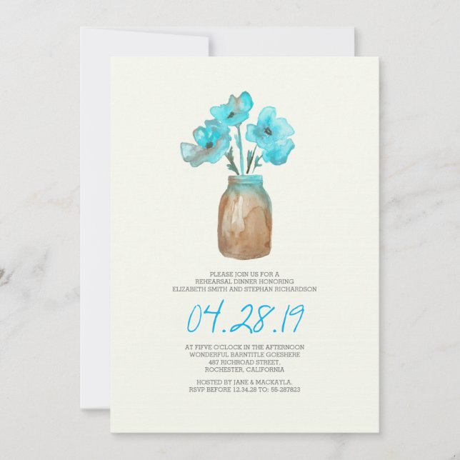 watercolor turquoise floral REHEARSAL DINNER Invitation (Front)