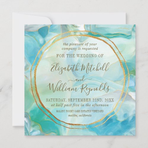 Watercolor Turquoise Gemstone  Gold Rings Wedding Invitation