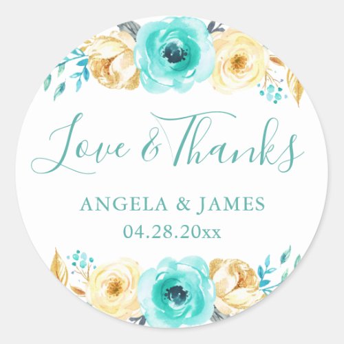 Watercolor Turquoise Gold Floral Wedding Thank You Classic Round Sticker